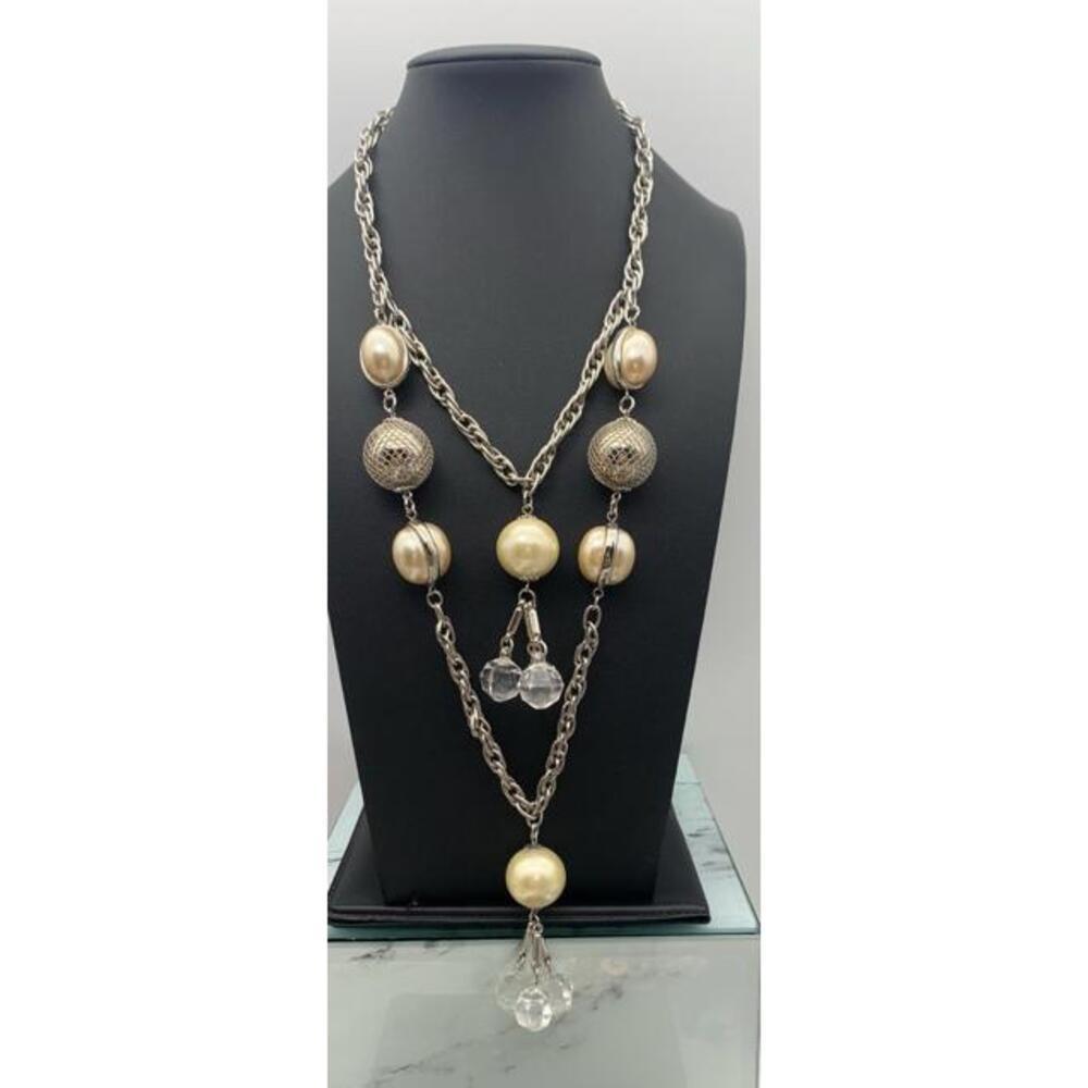 Silver Tone‎ Faux Pearl And Clear Faceted Beaded Chunky Double Y Drop Necklace